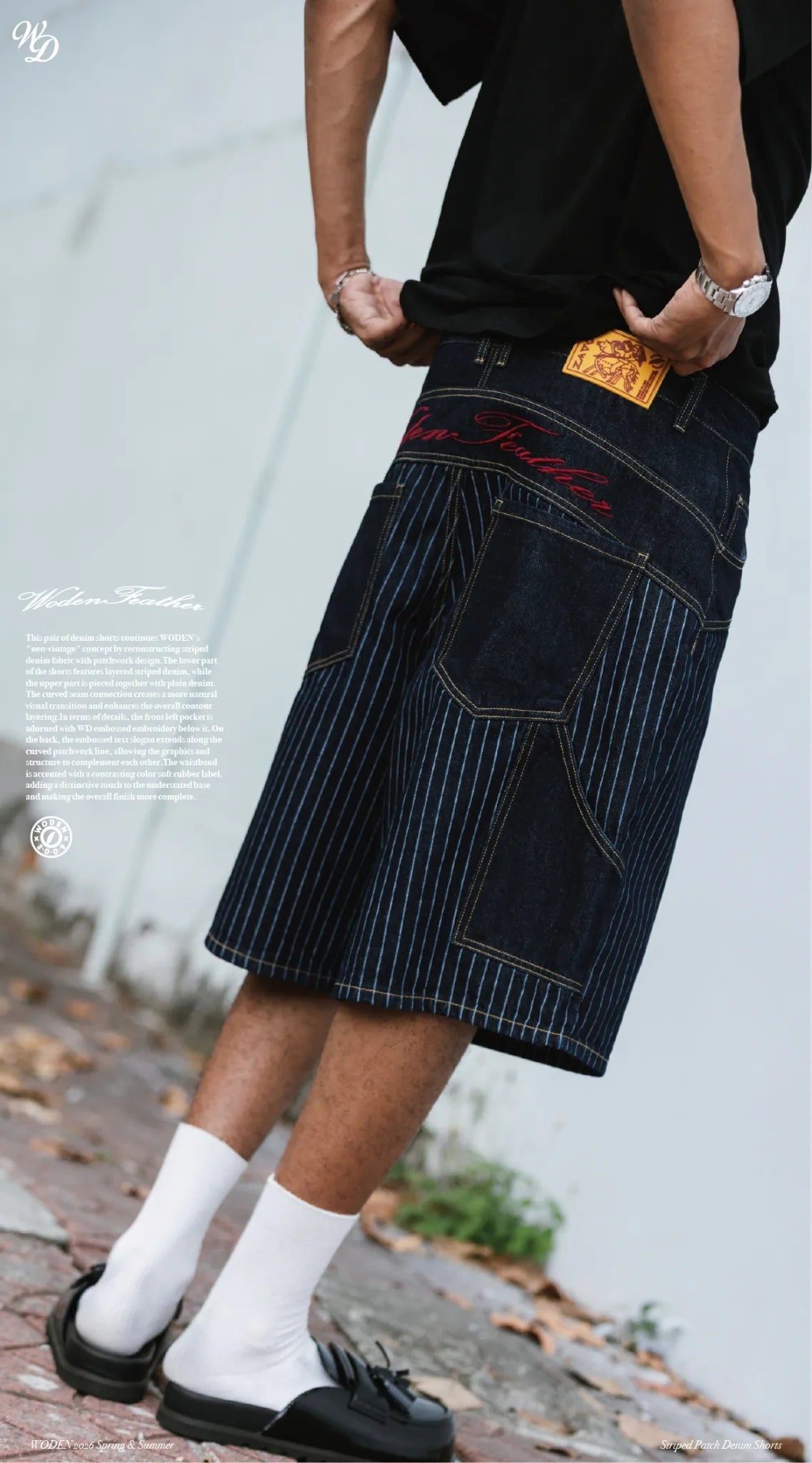 WODEN 2026 Spring & Summer 029 Striped Patch Denim Shorts