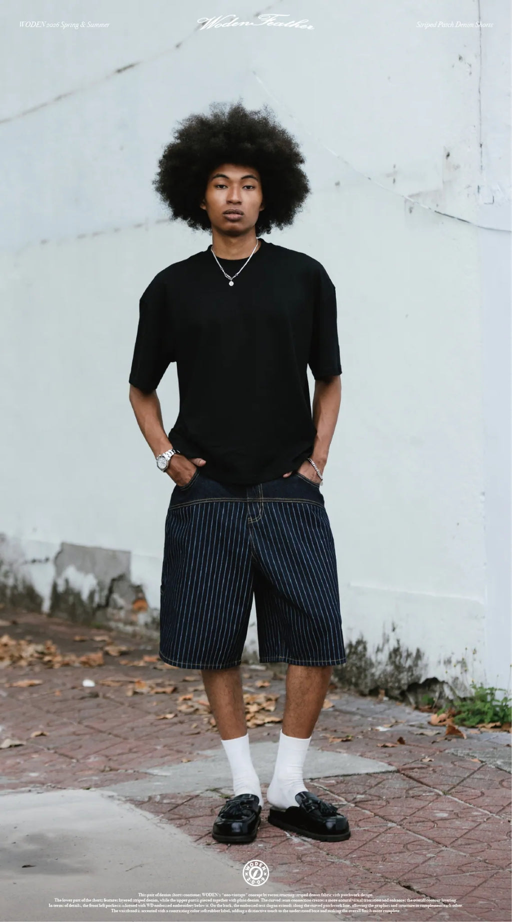 WODEN 2026 Spring & Summer 029 Striped Patch Denim Shorts