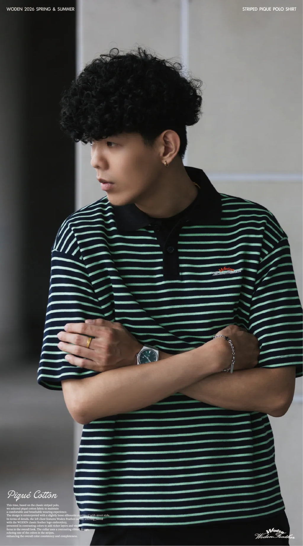 WODEN 2026 Spring & Summer Striped Pique Polo Shirt