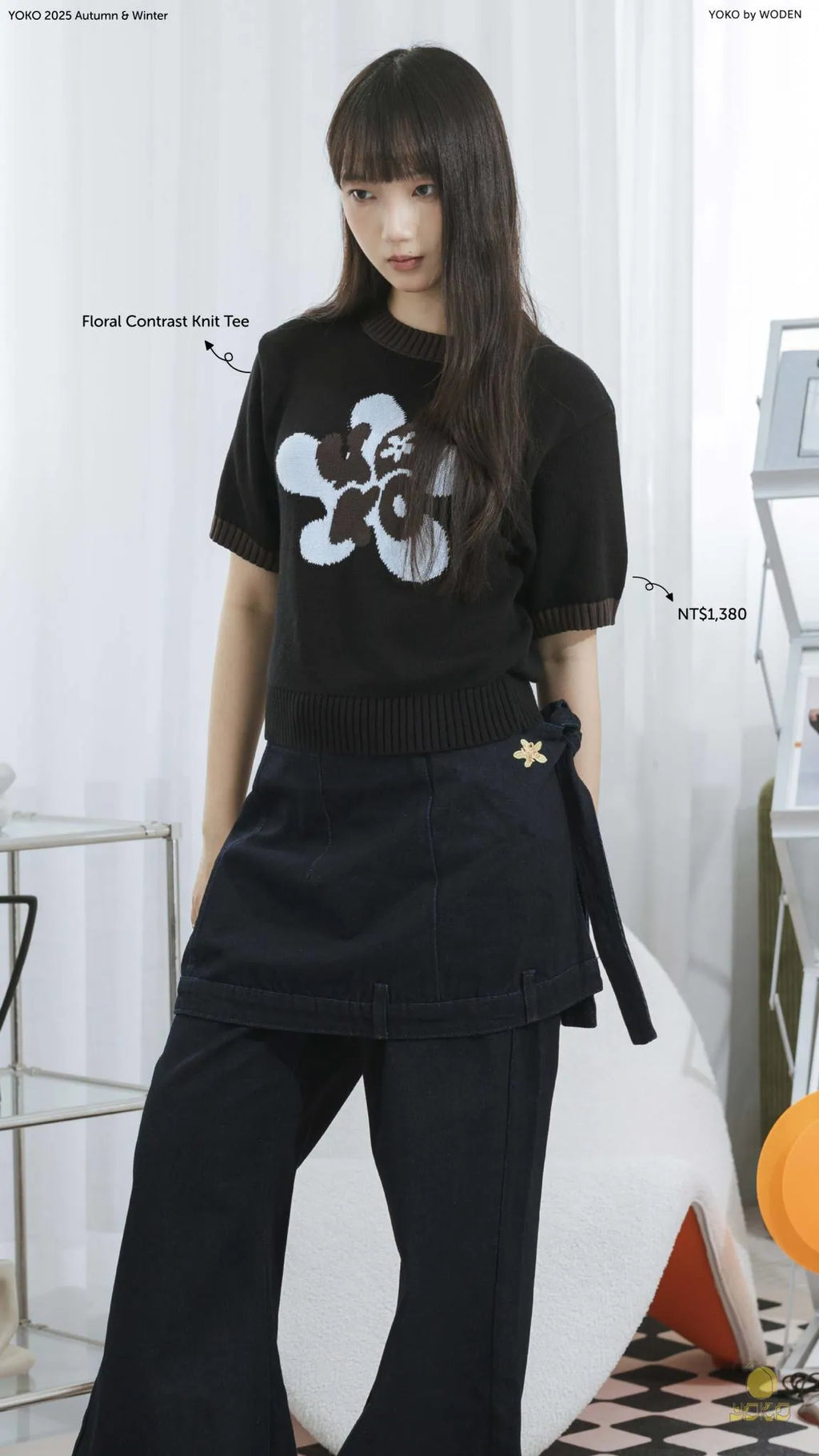 YOKO Floral Contrast Knit Tee