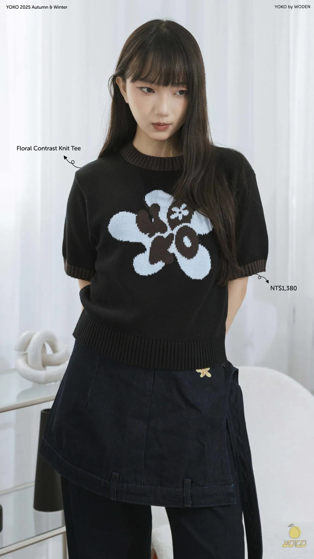 YOKO Floral Contrast Knit Tee