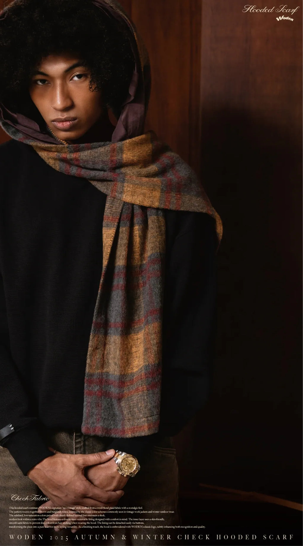 WODEN 2025 Autumn & Winter 013 Check Hooded Scarf