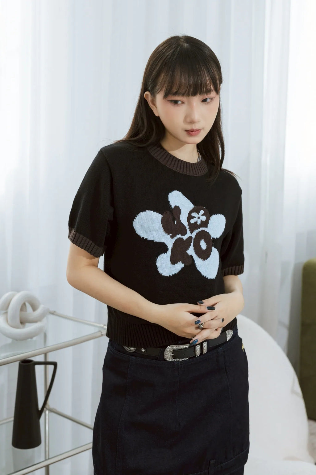 YOKO Floral Contrast Knit Tee