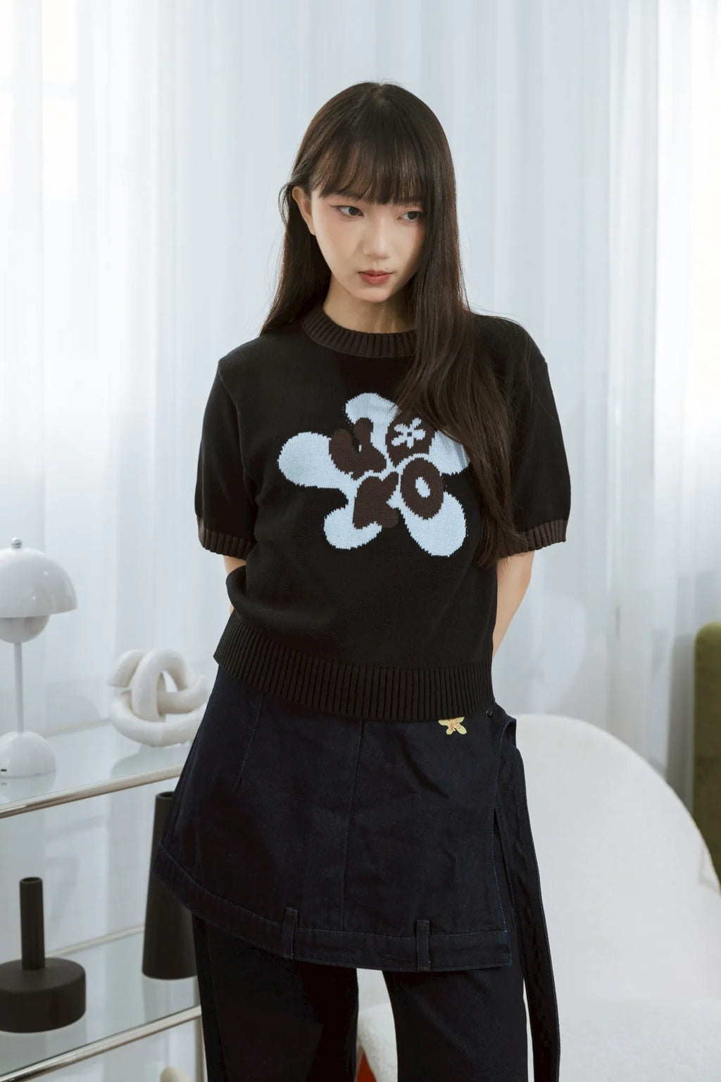 YOKO Floral Contrast Knit Tee