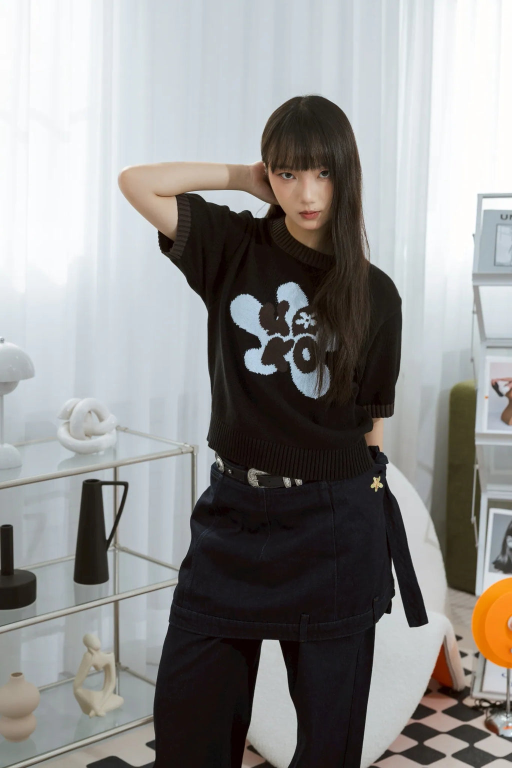 YOKO Floral Contrast Knit Tee
