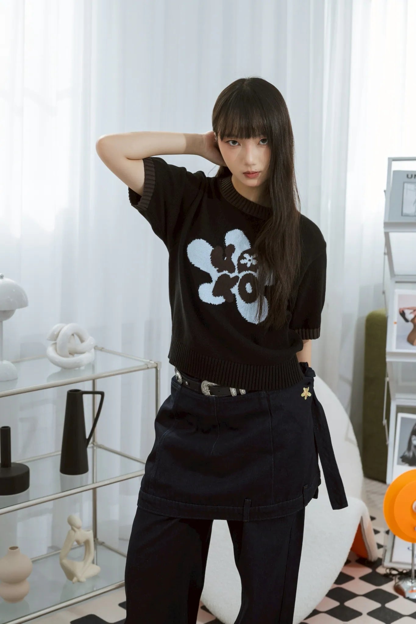 YOKO Floral Contrast Knit Tee