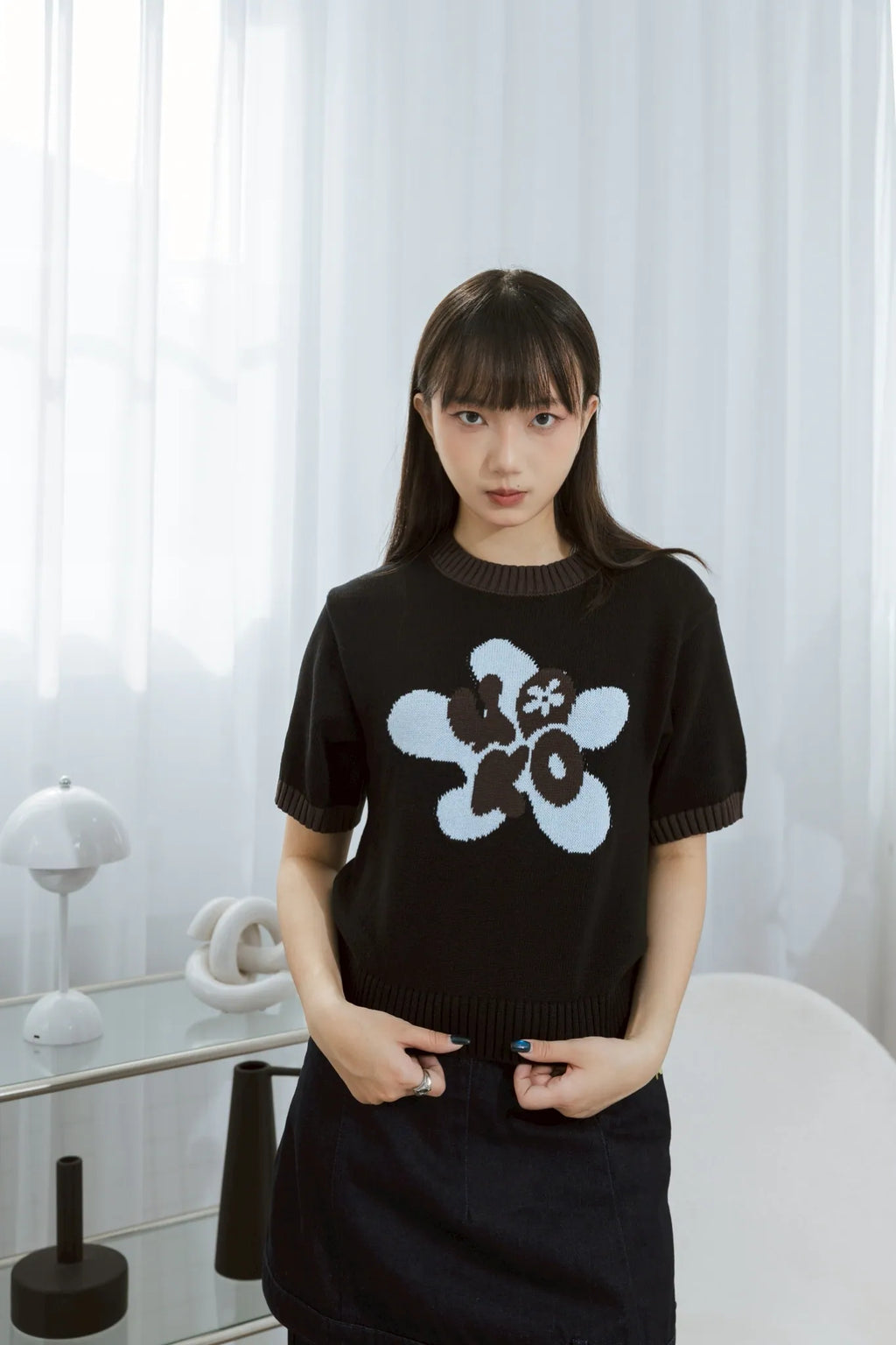 YOKO Floral Contrast Knit Tee