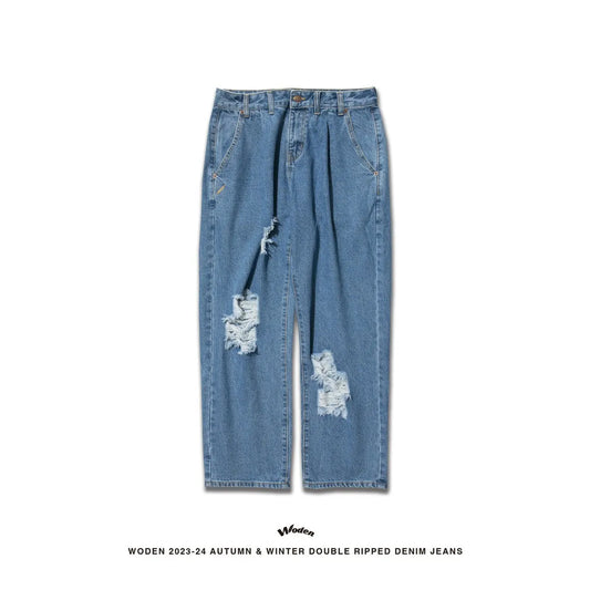 WODEN 2023-24 Autumn & Winter Double Ripped Denim Jeans