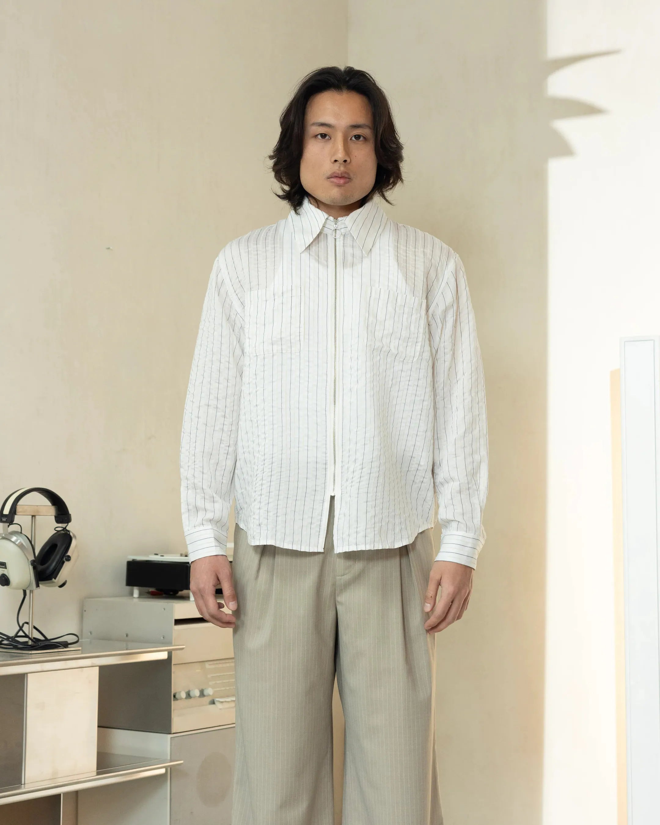 YANGI Pinstripe Jacquard Zip Shirt