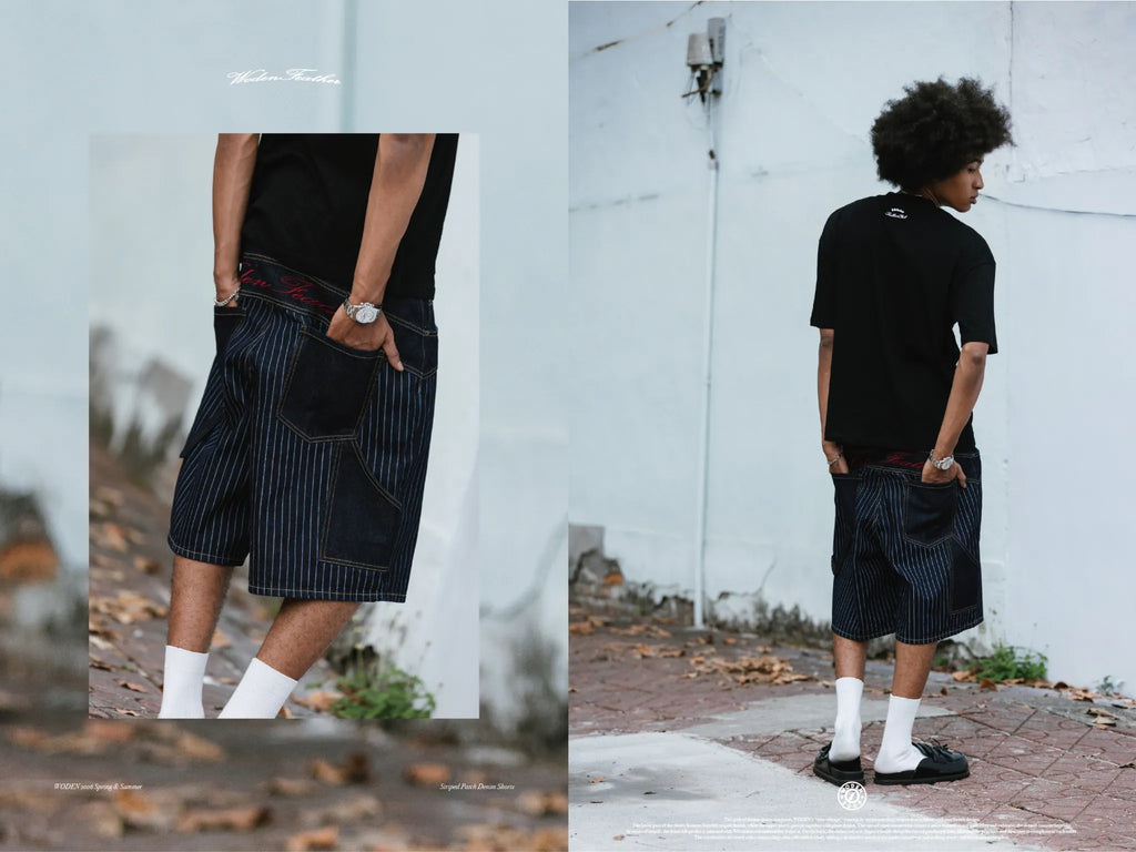 WODEN 2026 Spring & Summer 029 Striped Patch Denim Shorts