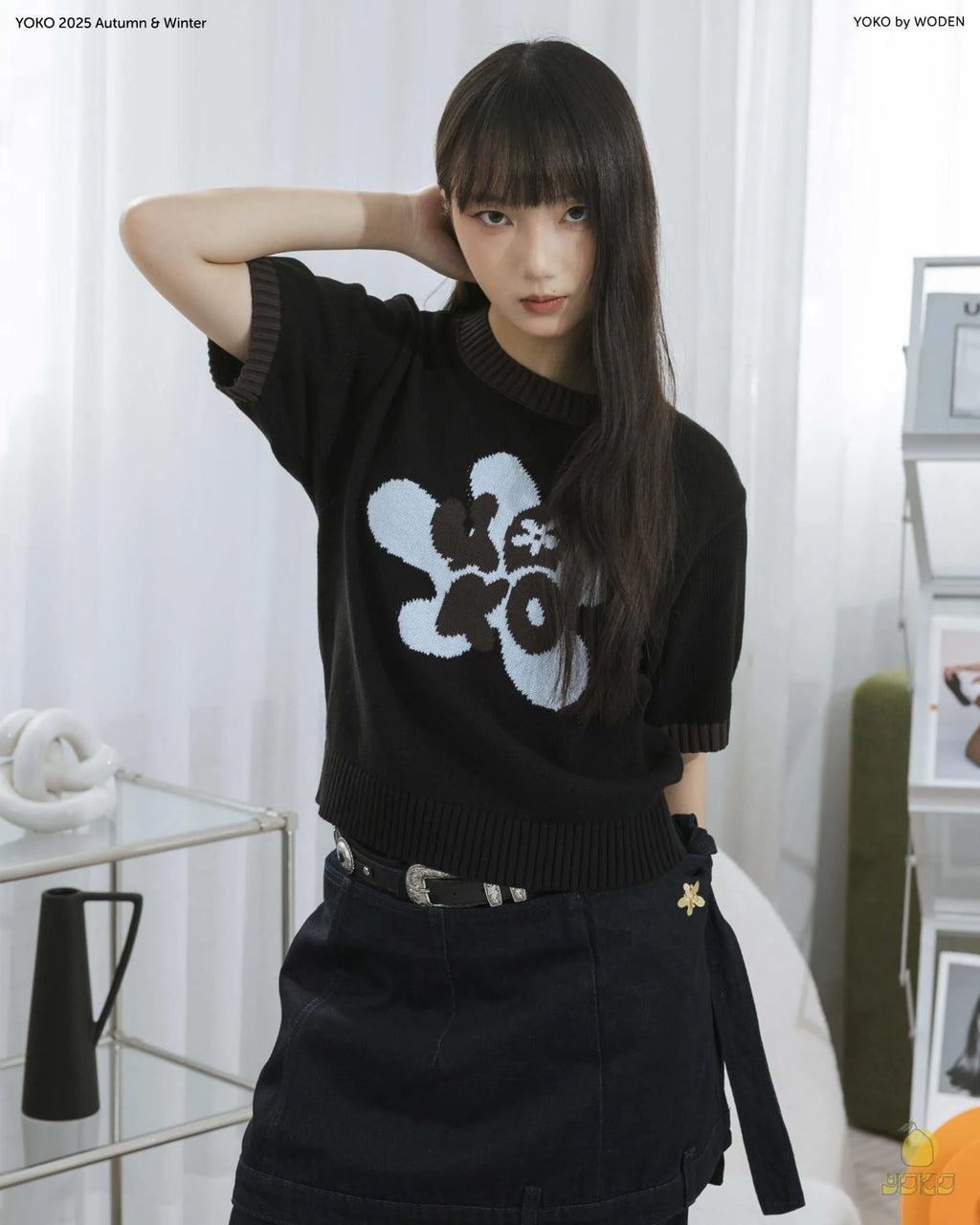 YOKO Floral Contrast Knit Tee