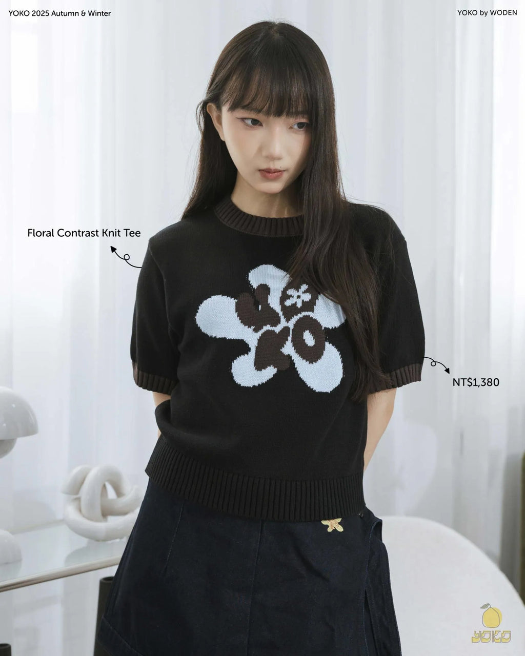 YOKO Floral Contrast Knit Tee
