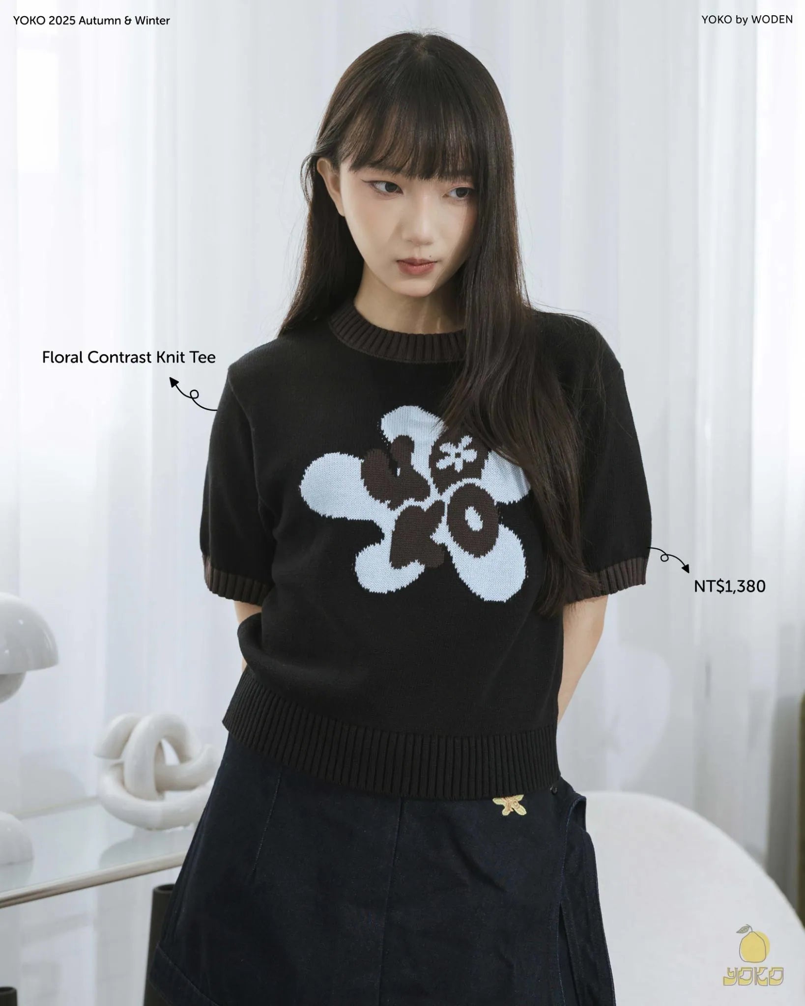 YOKO Floral Contrast Knit Tee