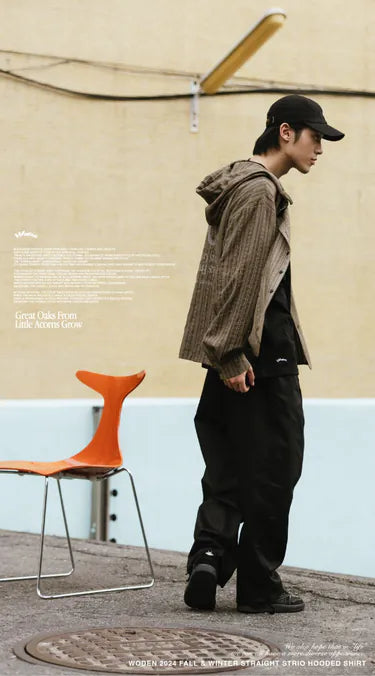 WODEN 2024 Fall & Winter 023 Straight Strip Hooded Shirt