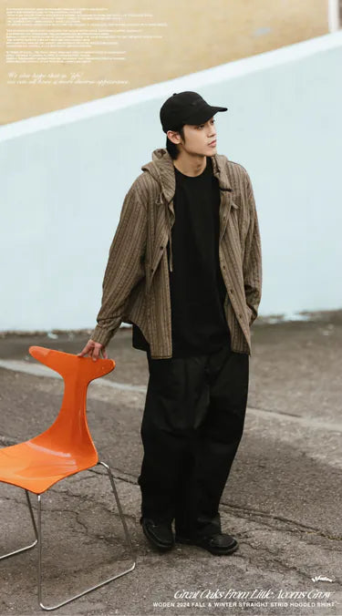 WODEN 2024 Fall & Winter 023 Straight Strip Hooded Shirt