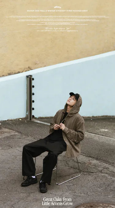 WODEN 2024 Fall & Winter 023 Straight Strip Hooded Shirt