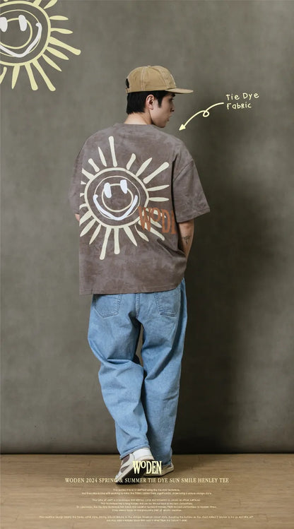 WODEN 2024 Spring & Summer Tie Dye Sun Smile Henley Tee