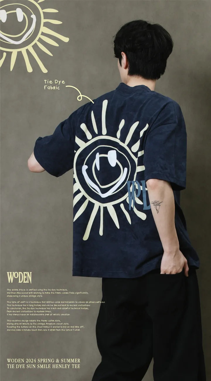 WODEN 2024 Spring & Summer Tie Dye Sun Smile Henley Tee