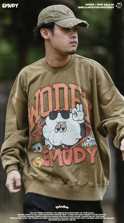 WODEN / Emudy 2024 Autumn & Winter 057 Wash illustration Sweatshirt