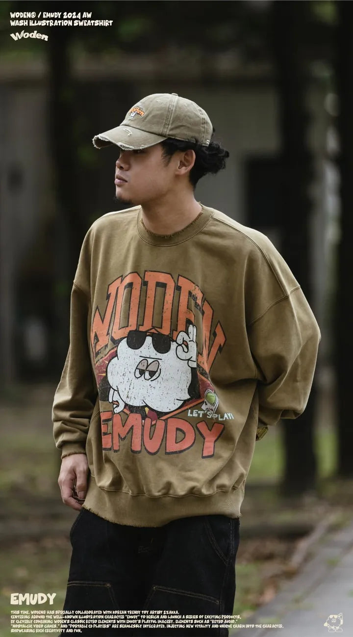 WODEN / Emudy 2024 Autumn & Winter 057 Wash illustration Sweatshirt