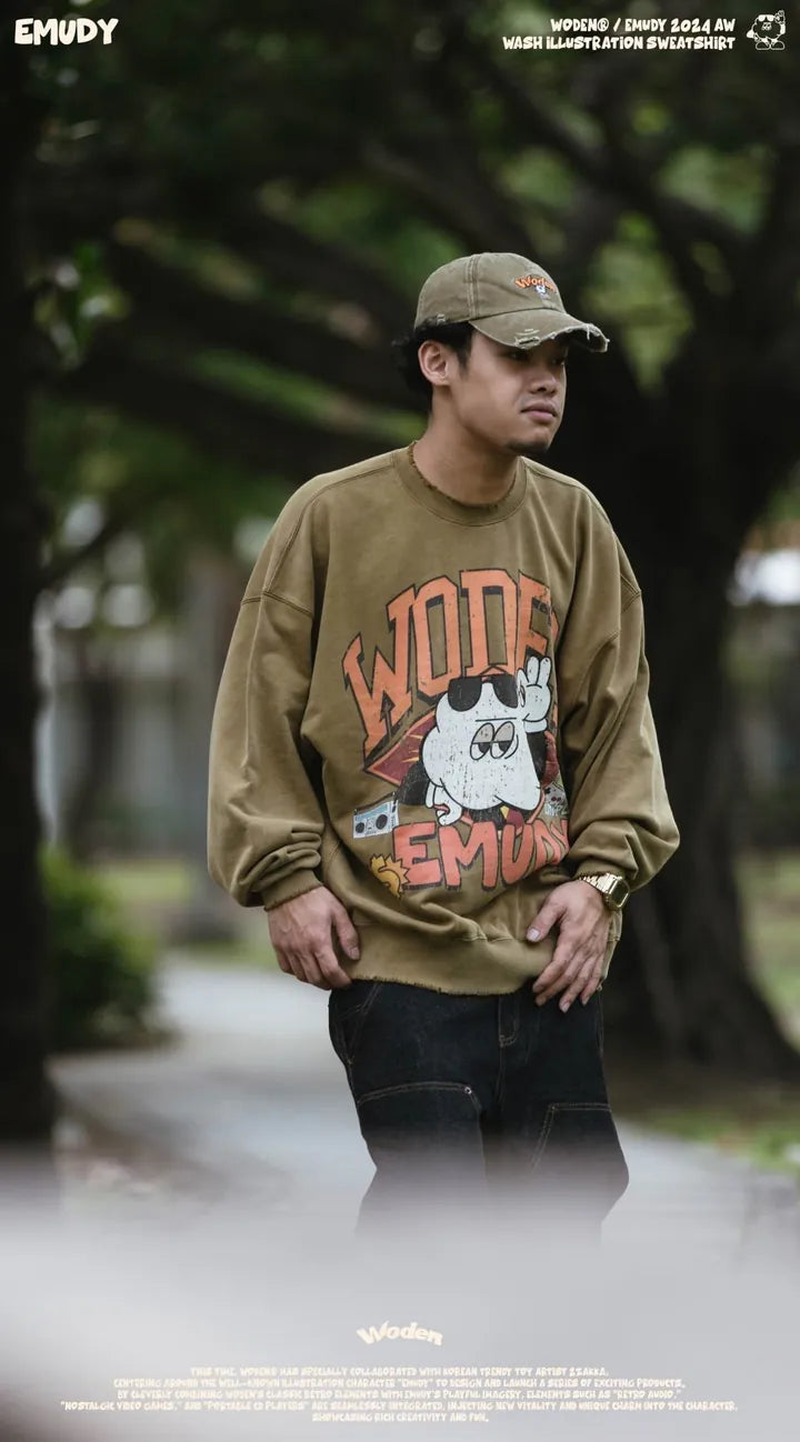 WODEN / Emudy 2024 Autumn & Winter 057 Wash illustration Sweatshirt