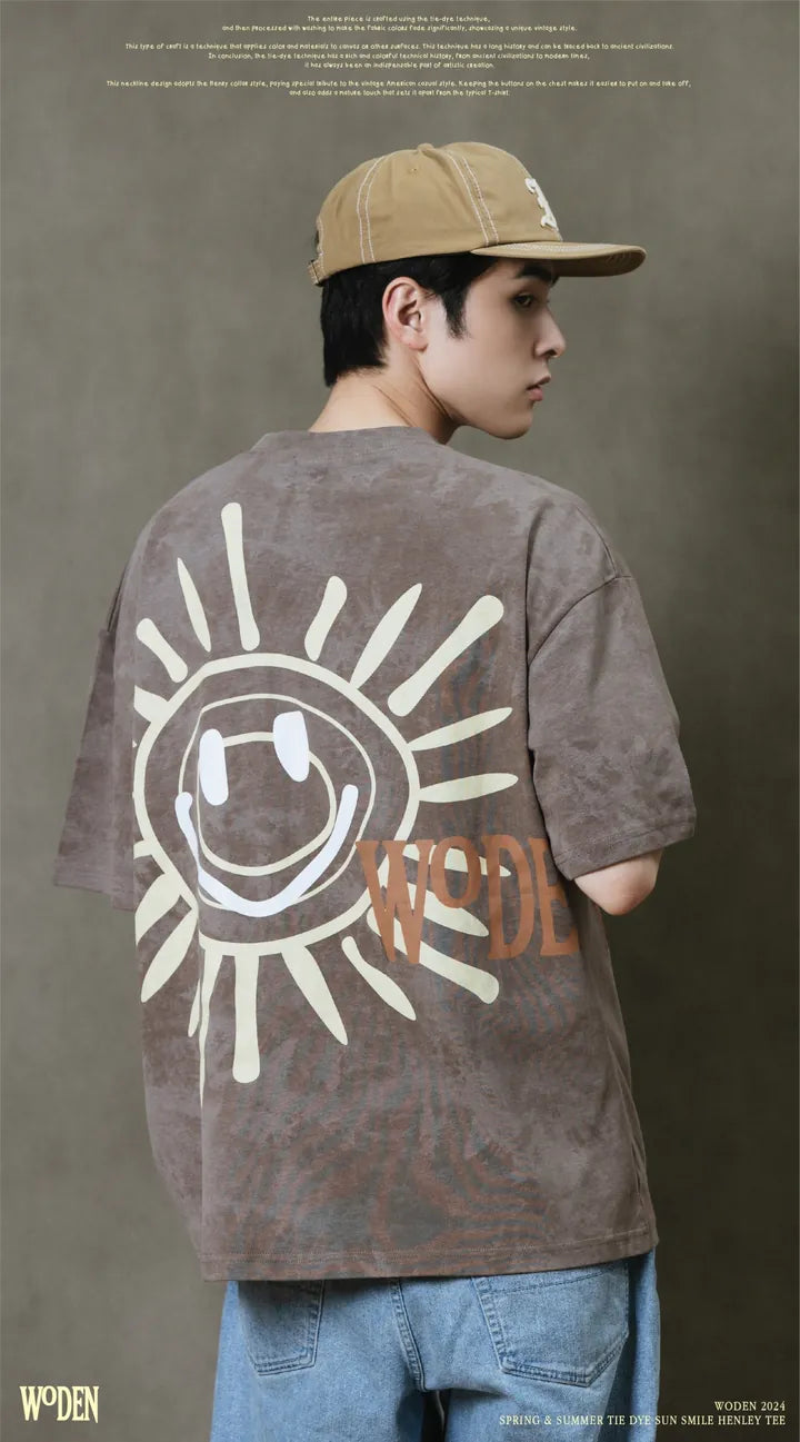 WODEN 2024 Spring & Summer Tie Dye Sun Smile Henley Tee