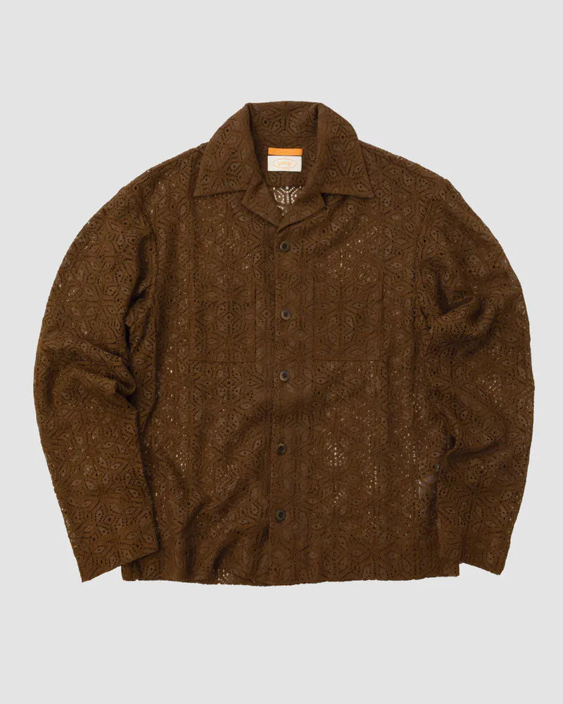 YANGI Camp Collar Long Sleeve Lace Shirt