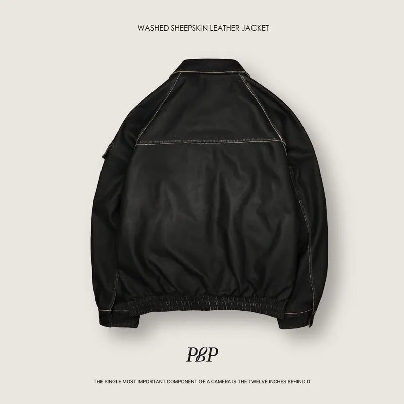 (預購)P.B.P - WASHED SHEEPSKIN LEATHER JACKET - BLACK