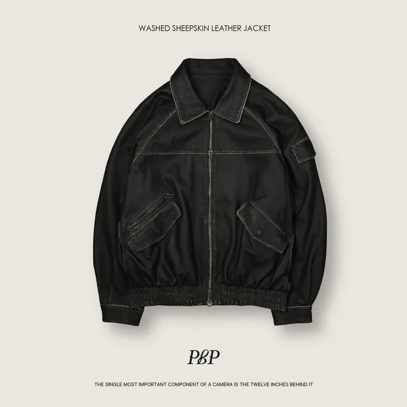 (預購)P.B.P - WASHED SHEEPSKIN LEATHER JACKET - BLACK