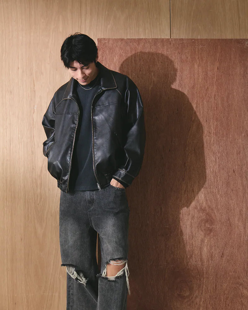 P.B.P - WASHED FAUX LEATHER JACKET - BLACK