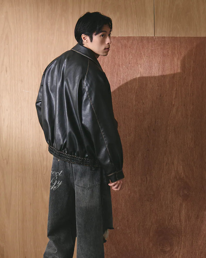 P.B.P - WASHED FAUX LEATHER JACKET - BLACK