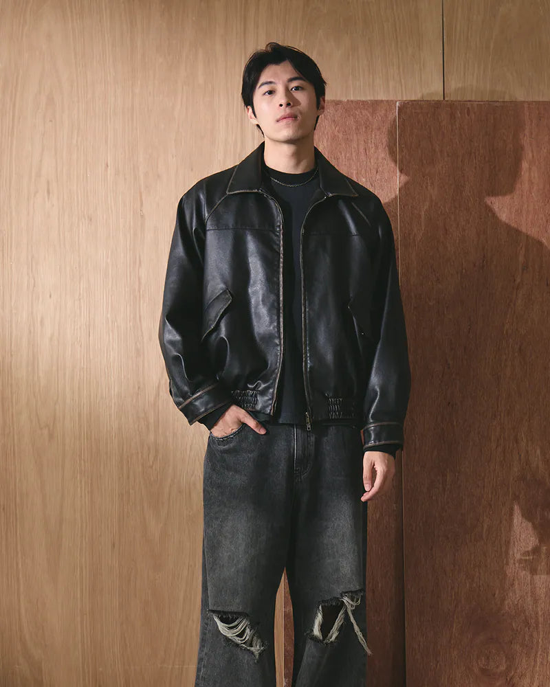 P.B.P - WASHED FAUX LEATHER JACKET - BLACK