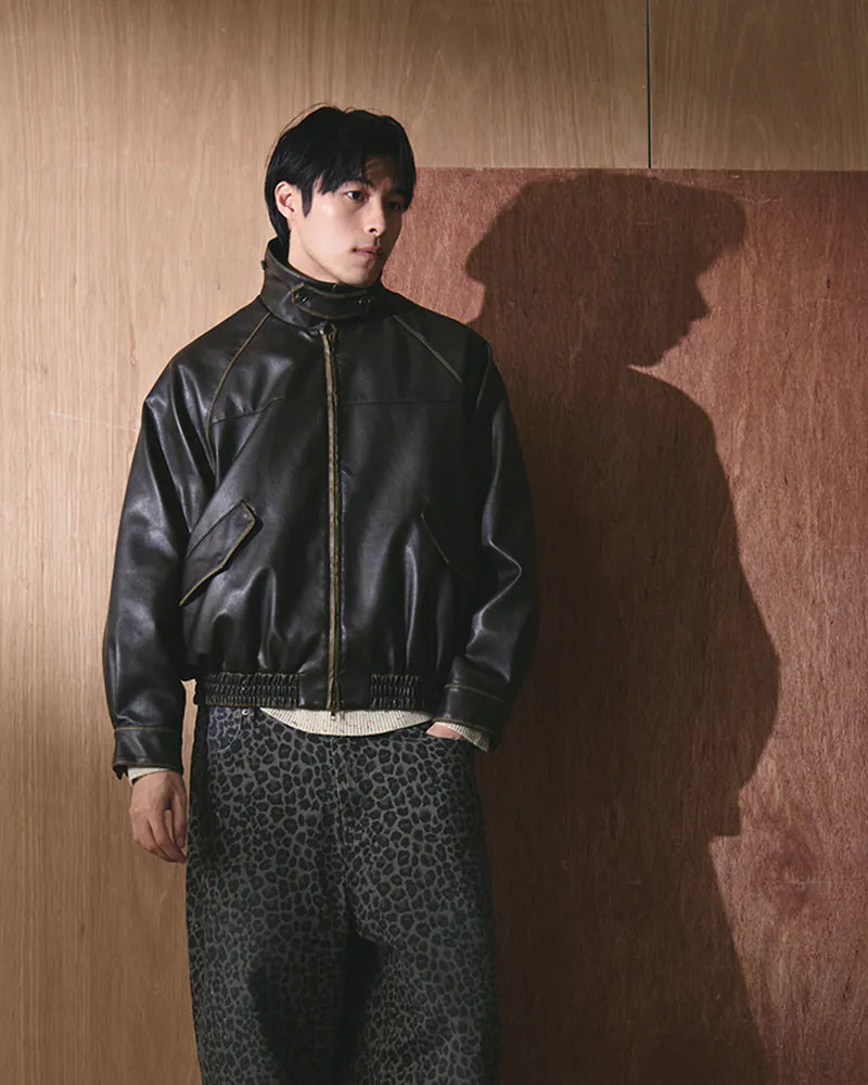 P.B.P - WASHED FAUX LEATHER JACKET - BROWN