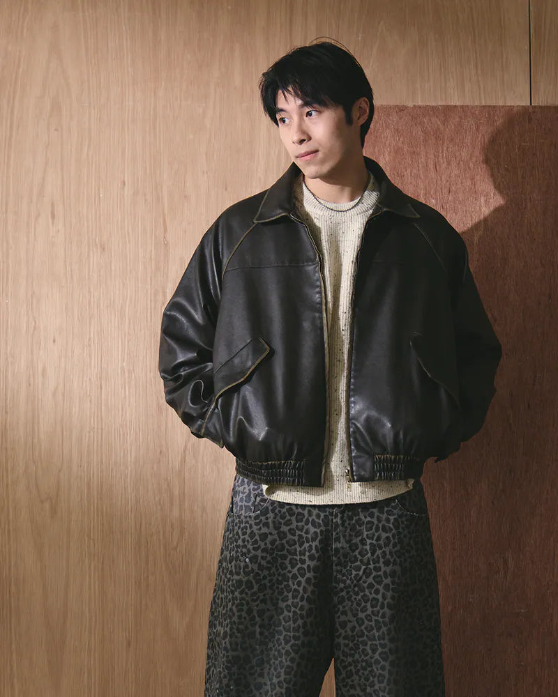 P.B.P - WASHED FAUX LEATHER JACKET - BROWN