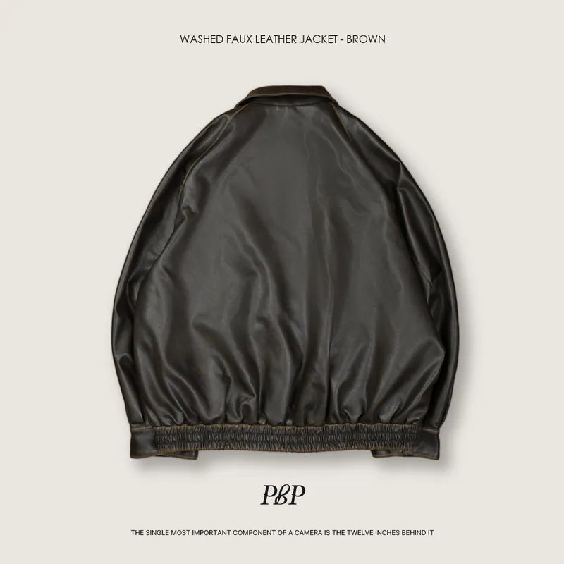 P.B.P - WASHED FAUX LEATHER JACKET - BROWN