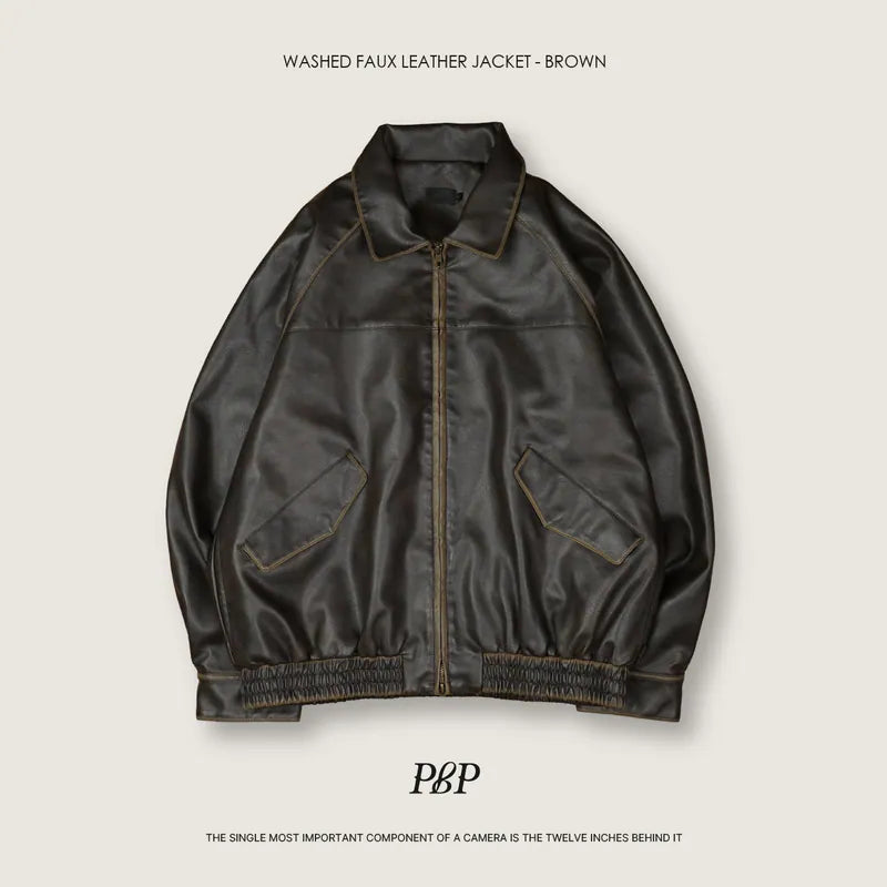 P.B.P - WASHED FAUX LEATHER JACKET - BROWN