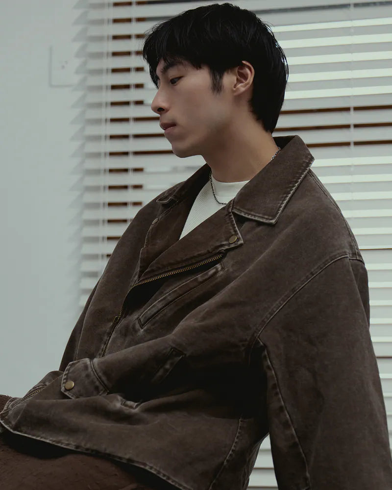 P.B.P - WASHED BIKER JACKET - BROWN