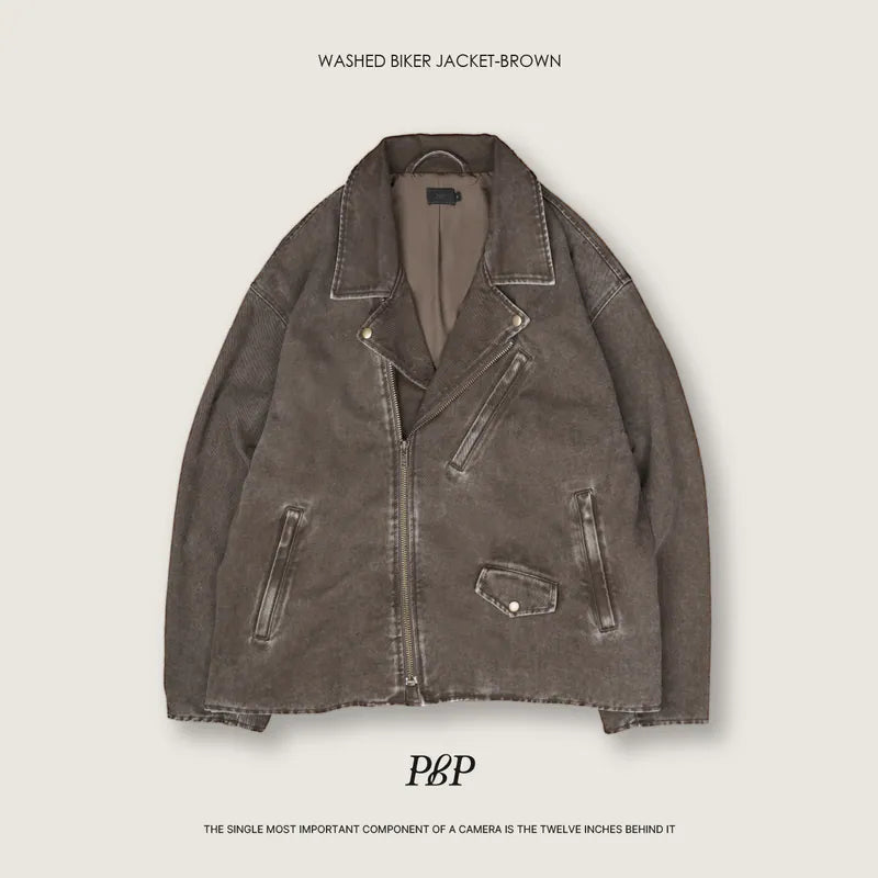 P.B.P - WASHED BIKER JACKET - BROWN