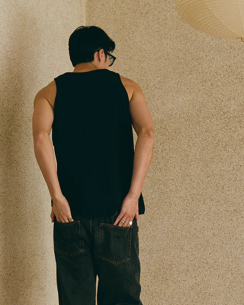 P.B.P - EMBROIDERY WAFFLE TANK TOP - BLACK