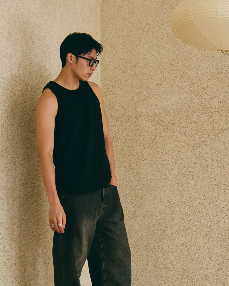 P.B.P - EMBROIDERY WAFFLE TANK TOP - BLACK