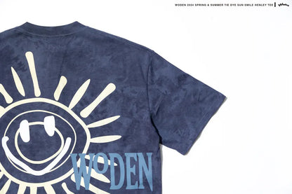 WODEN 2024 Spring & Summer Tie Dye Sun Smile Henley Tee