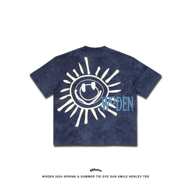 WODEN 2024 Spring & Summer Tie Dye Sun Smile Henley Tee