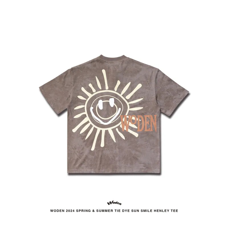 WODEN 2024 Spring & Summer Tie Dye Sun Smile Henley Tee