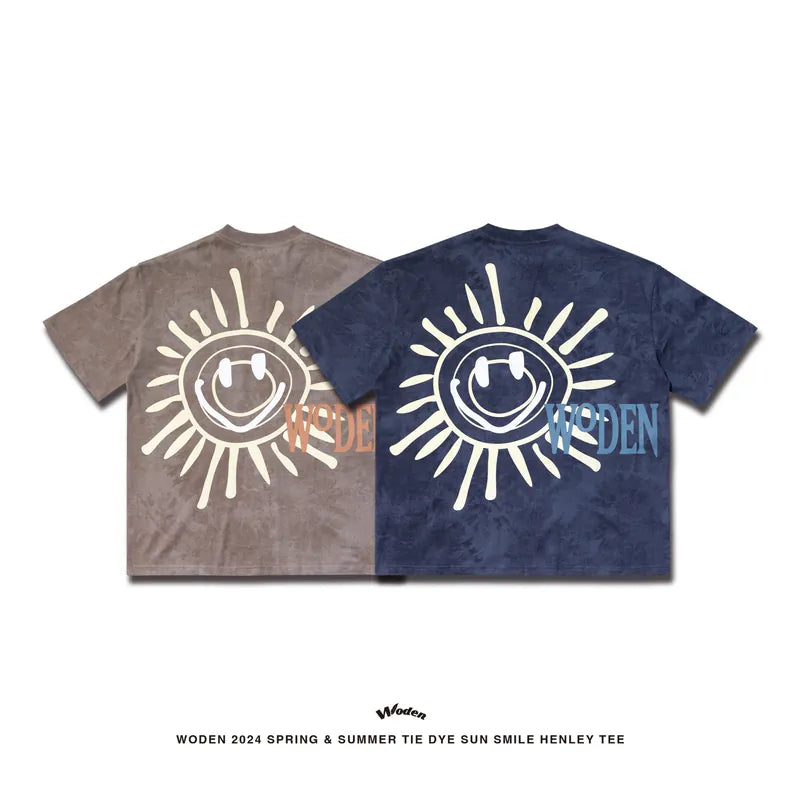 WODEN 2024 Spring & Summer Tie Dye Sun Smile Henley Tee