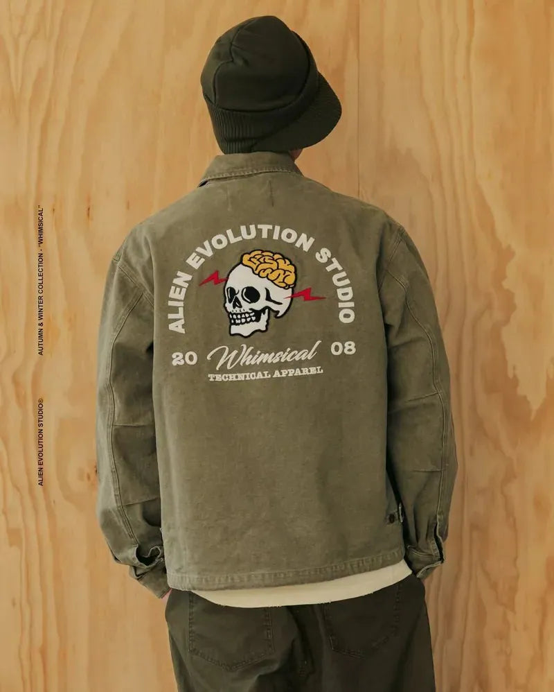 AES EMBROIDERED WHIMSICAL SKULL WASHED WORK JKT