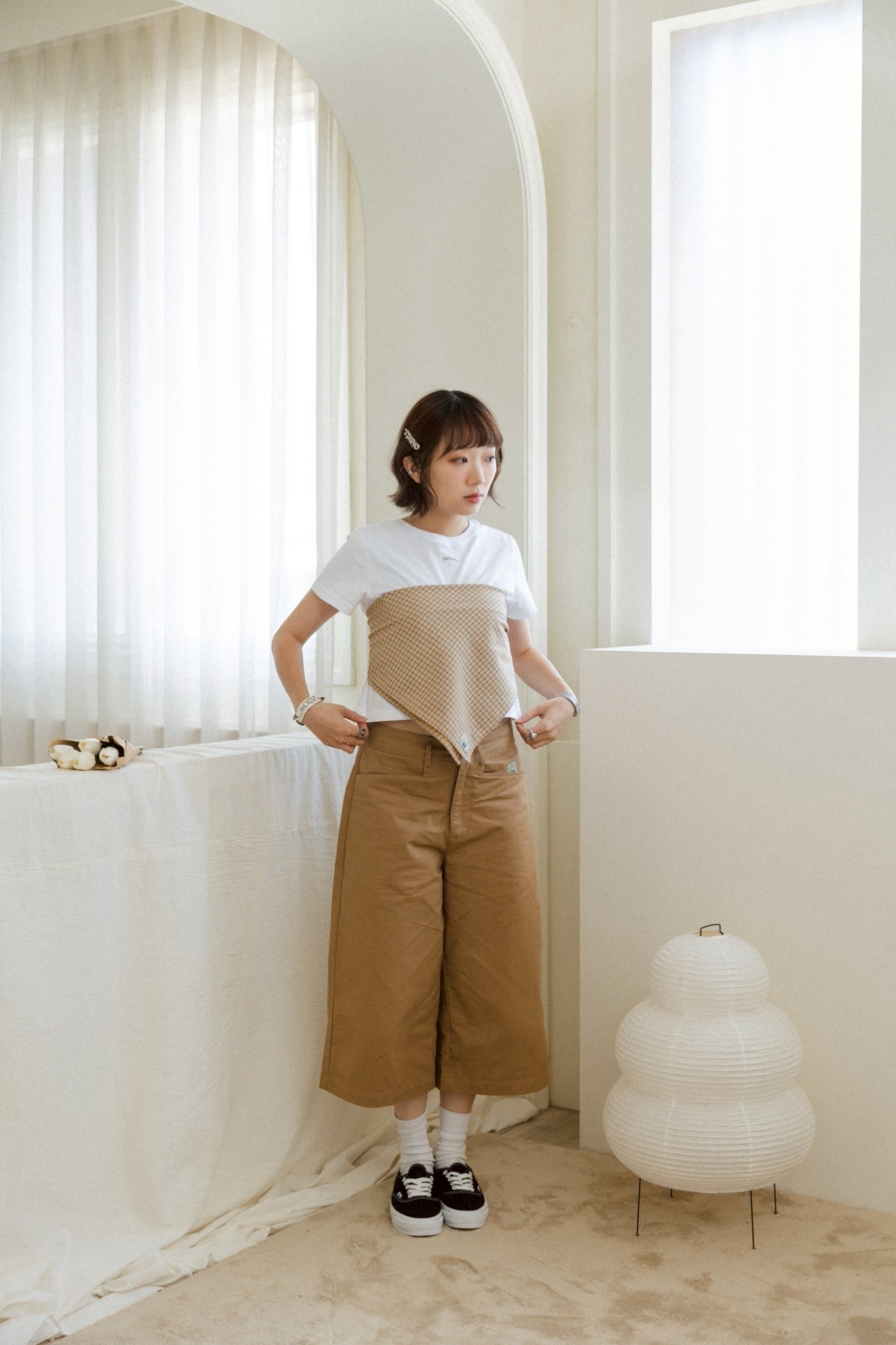 YOKO 25SS 細格膝下褲方巾組