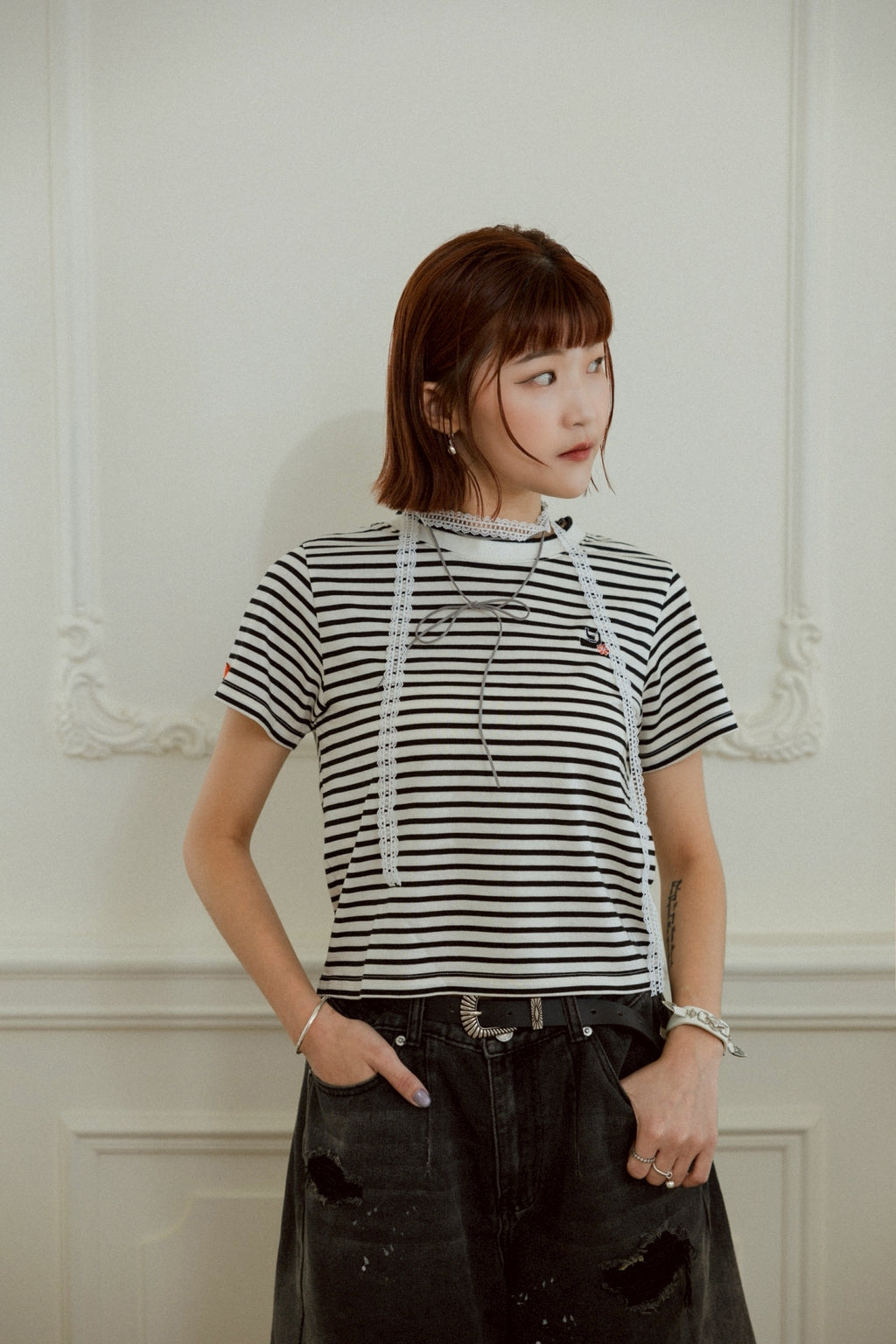 YOKO 條紋修身短版Tee