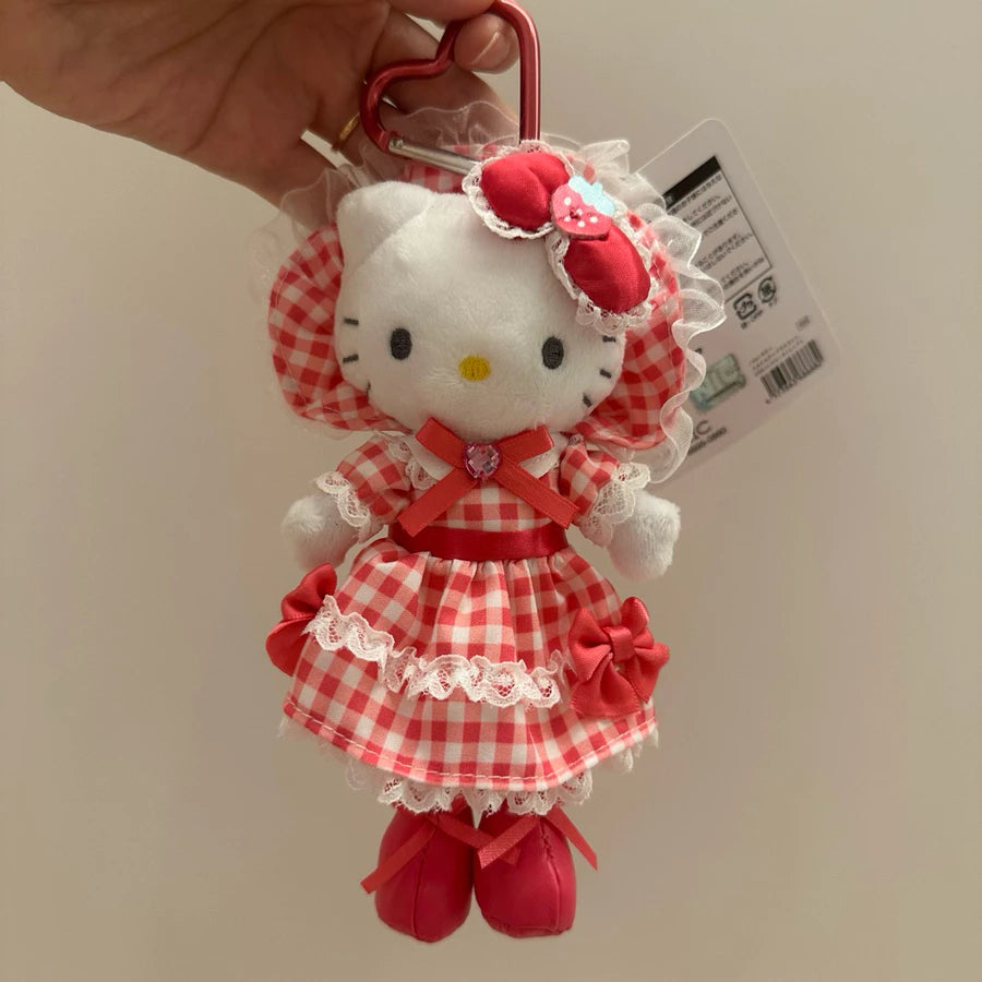 長腿hello kitty玩偶吊飾 法式格紋洋裝桃紅
