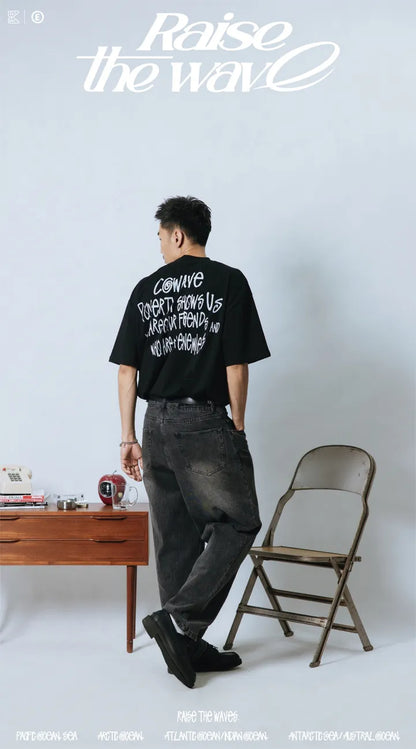 COWAVE 2024 Spring & Summer Begging Picture Font Tee - 黑色款