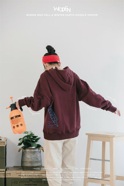 WODEN 2022 Fall & Winter Earth Doodle Hoodie 酒紅款